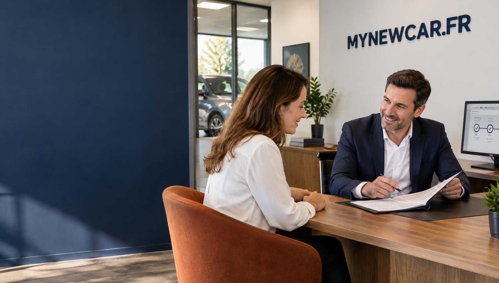 Une cliente rassurée échange avec son conseiller dans un bureau automobile MYNEWCAR.FR.
